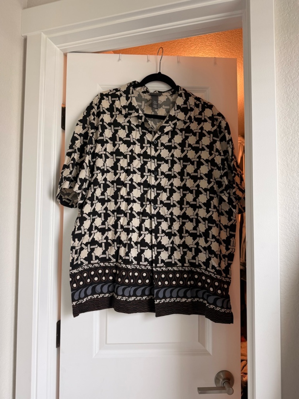 Black and Cream Geometric Button-Up Top